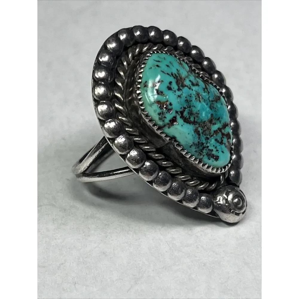 Sterling Ring 925 Turquoise Ring Size 8 Navajo Inspired Signed RL Vintage Chunky